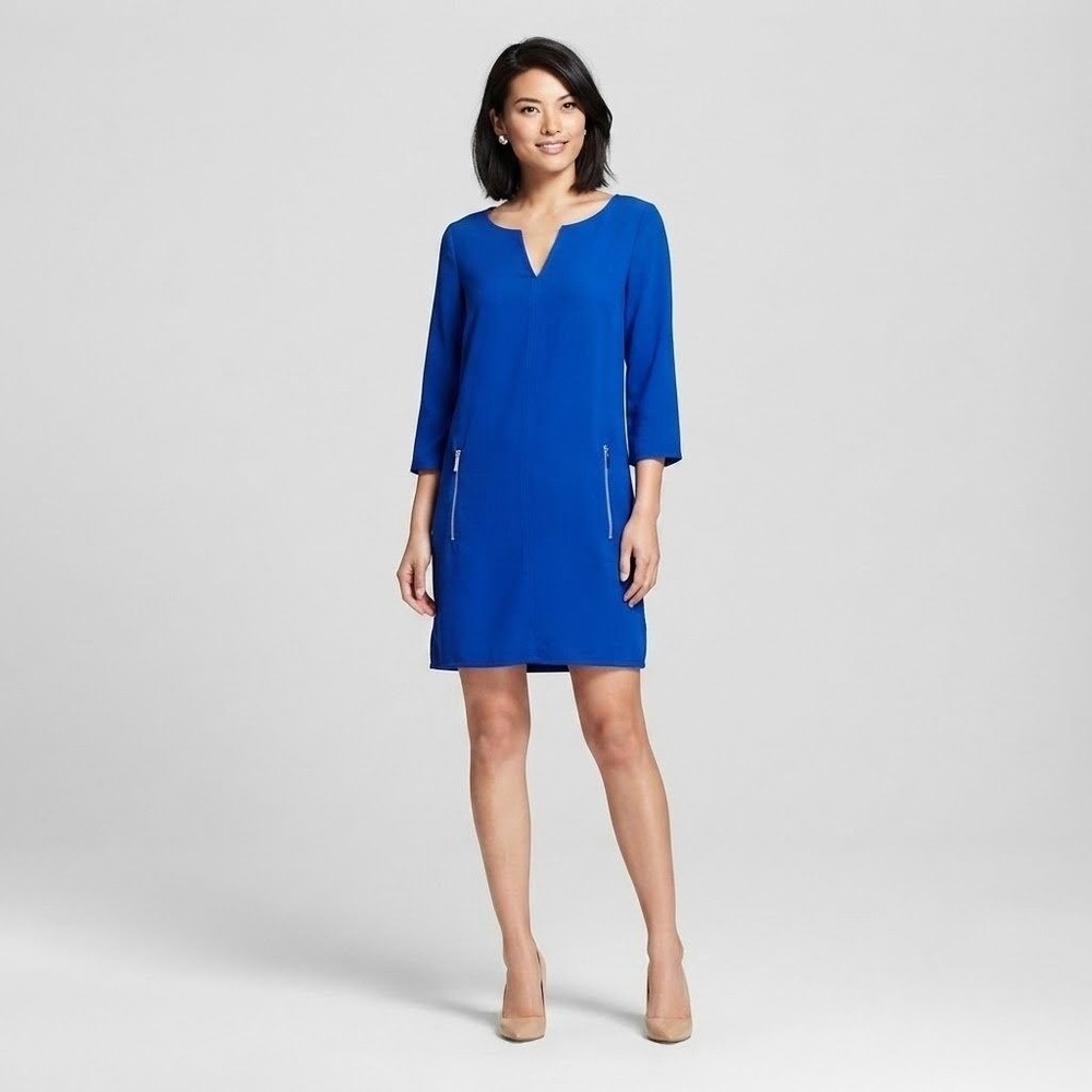 H&M Shift‎ Dress Womens 8 Blue 3/4 Sleeve V-Neck Zip Pockets Royal Blue Workwear